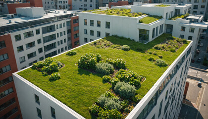 A green roof garden on a modern apartment building in a city setting