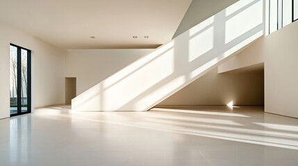 Fototapeta premium Minimalist interior with large windows, bright natural light, and modern staircase casting shadows on the floor