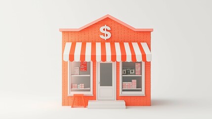 Obraz premium Charming Small Business Building with Orange Brick Exterior and Striped Awning Displaying Dollar Sign Symbolizing Commerce and Retail Success