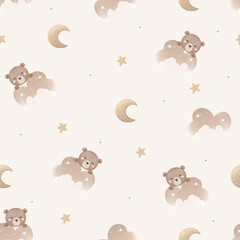 Cute little bear on the cloud seamless pattern design, vector illustration, Hand Drawn Cute kids graphics prints for pajamas textile