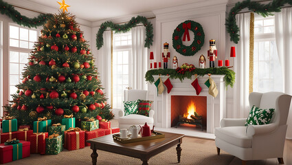 Cozy Traditional Christmas Living Room with Festive Decor and Fireplace, Christmas living room, holiday decor, Christmas tree, fireplace, Christmas decorations