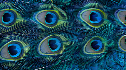 Obraz premium A Close-Up View of a Peacock's Feathers, Showing the Intricate Pattern and Bright Colors of the Eye Spots, Capturing the Beauty and Complexity of Nature.