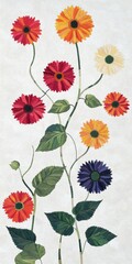 Vibrant Gerbera Blossoms with Fresh Green Leaves on Stalk Over Soft Grey Background