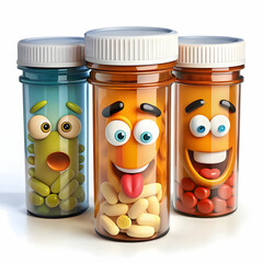 A whimsical set of unique pill bottles featuring funny labels, adding humor to medication management.