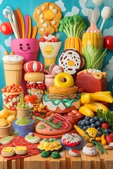 A colorful and whimsical representation different cuisines on a wooden table, ideal for food-related projects.