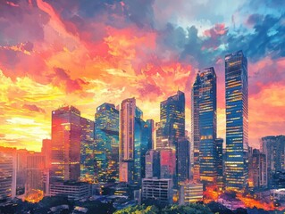 Obraz premium A digital watercolor of vibrant tech city at sunset, showcasing skyscrapers and colorful sky. scene evokes sense of innovation and modernity