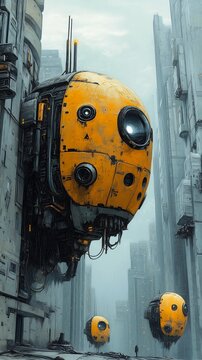 two yellow balls floating air near building portrait cyborg ver sci hibernation capsule closeup striking bee