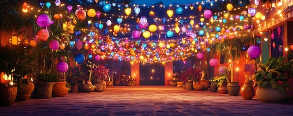 A colorful festival scene with lights and decorations. Ideal for cultural and celebration themes.