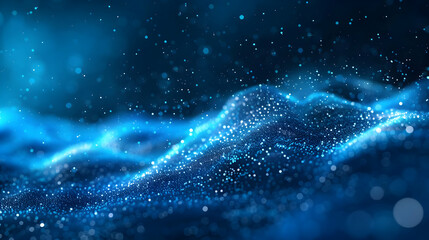 Abstract 3D Blue Background with Shimmering Particles and a Wavy Surface, Evoking a Sense of Depth and Motion