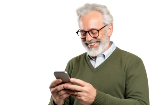 Businessman in a suit holding a smartphone, scrolling through content with a neutral expression isolated on white background