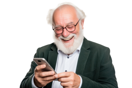 Businessman in a suit holding a smartphone, scrolling through content with a neutral expression isolated on white background