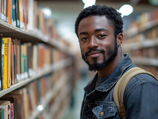 A Student's Journey: A young man with a backpack, stands in a library aisle, looking back at the camera with a warm, confident smile. The shelves are filled with books.