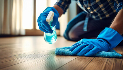 Housekeeper man in blue rubber gloves using a spray and a duster while cleaning on floor at home
