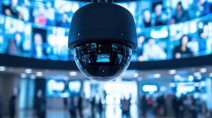 Surveillance camera capturing motion in a modern office lobby, large screens in the control room showing live footage, urban office building, early evening