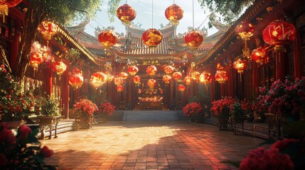 Obraz premium A decorated temple courtyard filled with dragon motifs and red lanterns Visitors light incense and offer prayers for luck in the Year of the Dragon A scene of reverence and peace 