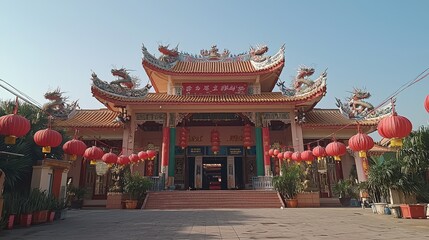 Fototapeta premium A decorated temple entrance adorned with dragon statues and red lanterns celebrating the Year of the Dragon Visitors enter with respect and hope for blessings and prosperity A beautiful and 