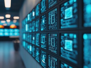 Obraz premium Motiondetecting CCTV camera monitoring a busy office hallway, realtime footage displayed on a wall of screens, modern office setting, soft afternoon glow