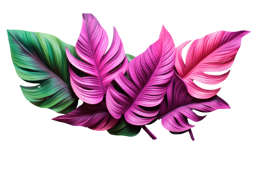 Artistic arrangement of fluorescent green and pink tropical leaves, with a glowing effect and sharp contrasts, flat lay view isolated on white background