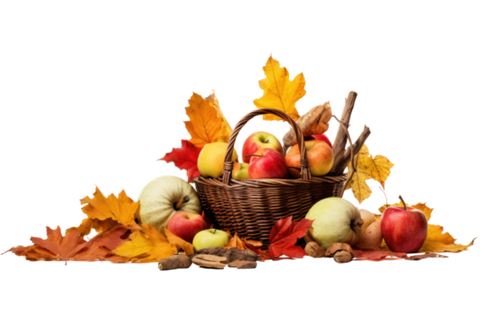An isolated white background showcasing a collection of autumn-themed items including a basket of apples isolate on a white background.