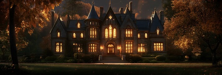 A large, old house with numerous windows in the style of Gothic architecture, with warm light inside and eerie lights outside, surrounded by dark trees on an autumn evening
