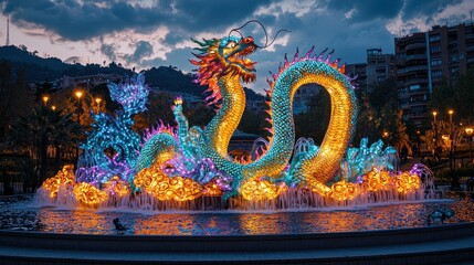 A grand dragon statue illuminated by colorful lights in the center of a quiet village The village celebrates the Year of the Dragon with reverence and hope for prosperity A majestic display 