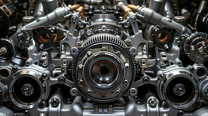 Fototapeta premium Close-up View of a Complex Engine, Featuring Gears, Pistons, and Other Mechanical Components, Displaying a Detailed Look at the Inner Workings of a High-Performance Engine