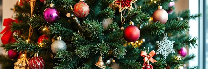 A festive Christmas tree adorned with colorful baubles and glittering decorations, Christmas, tree, sparkly