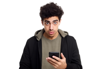 A young man holding a mobile smartphone in both hands, looking at the screen with a focused expression isolated on white background