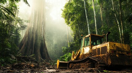 A rusty bulldozer stands in a dense, misty rainforest, highlighting the tension between nature and industrial machinery.