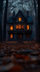 A large, old house with numerous windows in the style of Gothic architecture, with warm light inside and eerie lights outside, surrounded by dark trees on an autumn evening