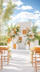Fototapeta premium Wedding Ceremony Setup with White Floral Arch and Wooden Chairs.