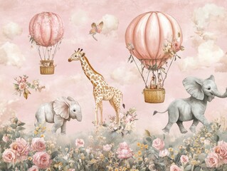 A kids' wallpaper mural featuring cycling animals with balloons, including a giraffe and elephant, set against a watercolor pink background. The design includes hot air balloons, blooming flowers.