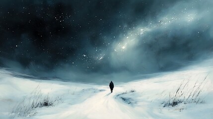 snowy landscape lone person walking path star filled mage robes digital graphic lament wanderer earth heavenly rapture human staring blankly ahead tundra drifting