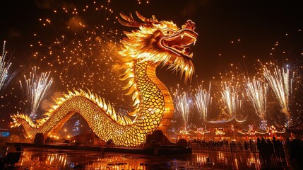 Obraz premium A massive dragon statue glowing in golden light as fireworks burst around it marking the new year The Year of the Dragon is celebrated with grandeur and reverence for strength and luck A scene 