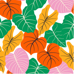 Abstract seamless tropical pattern with colorful plants and leaves on pastel background. Seamless exotic pattern with tropical plants.