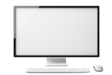 A sleek desktop computer with a wide monitor and wireless keyboard and mouse, showcasing a clean and modern workspace isolated on white background