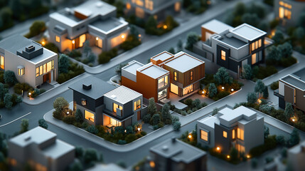 Aerial view of a miniature model of a modern residential neighborhood with contemporary houses, streets, greenery, and warm outdoor lighting at dusk.