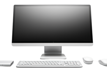 A sleek desktop computer with a wide monitor and wireless keyboard and mouse, showcasing a clean and modern workspace isolated on white background