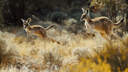 Kangaroos Leaping Through Australian Bush