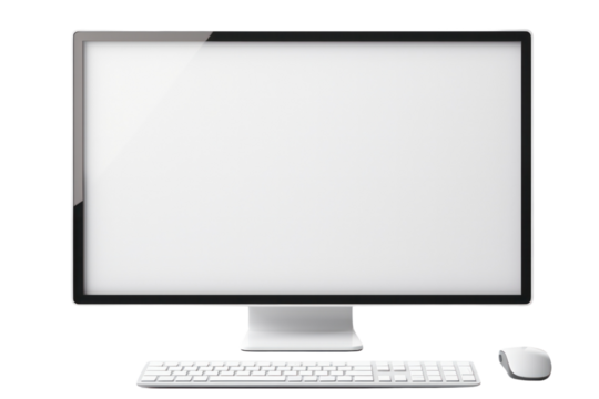 A sleek desktop computer with a wide monitor and wireless keyboard and mouse, showcasing a clean and modern workspace isolated on white background - Powered by Adobe
