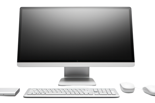 A sleek desktop computer with a wide monitor and wireless keyboard and mouse, showcasing a clean and modern workspace isolated on white background