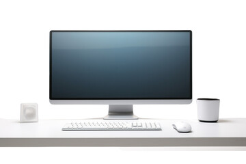 Fototapeta premium A sleek desktop computer with a wide monitor and wireless keyboard and mouse, showcasing a clean and modern workspace isolated on white background