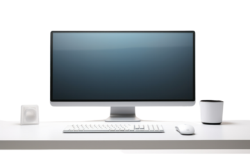 A sleek desktop computer with a wide monitor and wireless keyboard and mouse, showcasing a clean and modern workspace isolated on white background