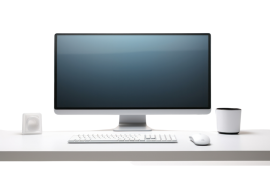 A sleek desktop computer with a wide monitor and wireless keyboard and mouse, showcasing a clean and modern workspace isolated on white background