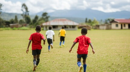 Four children in colorful jerseys play soccer on a grassy field, with mountains in the background and a cloudy sky above.