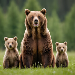 Obraz premium Brown bear, ursus arctos, mother with two cubs on green meadow with copy space. Wide panoramic banner of wild mammal with her lovely offsprings. Animal wildlife in summer nature. 