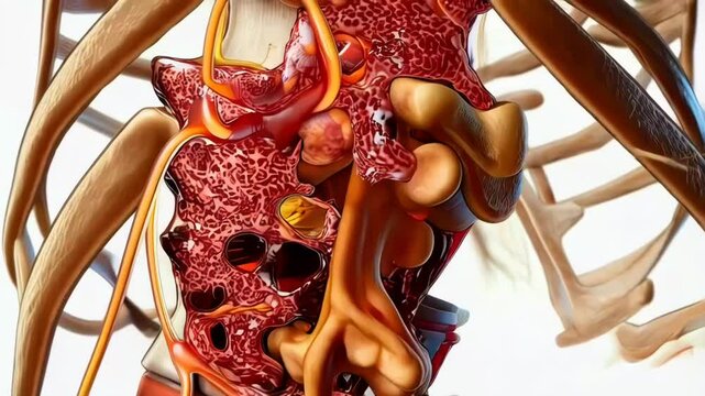 Medical illustration depicting a spinal disc herniation in the lower back
