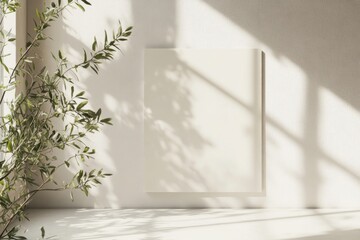 Fototapeta premium Elegant Blank Card Mockup with Olive Branches and Sunlit Window, Web Banner with Copy Space