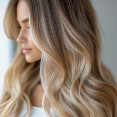 closeup woman long blonde hair white shirt blended palette refreshing color dyed hazelnut stunning waves shapes bright internal glow swirl haired fluid one blond profile