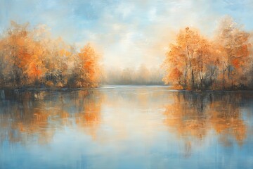 Obraz premium Autumn morning on the river. Oil painting. 